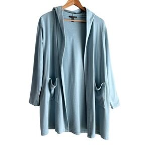 Eileen Fisher Organic Cotton Lyocell Blend Hooded Open Front Cardigan in Blue, M